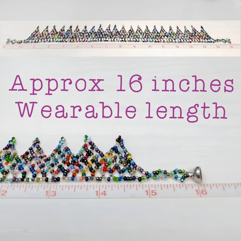 Handcrafted Glass Seed Bead Collar Necklace Rainbow Lace Sunburst Pattern 16" - Picture 4 of 10